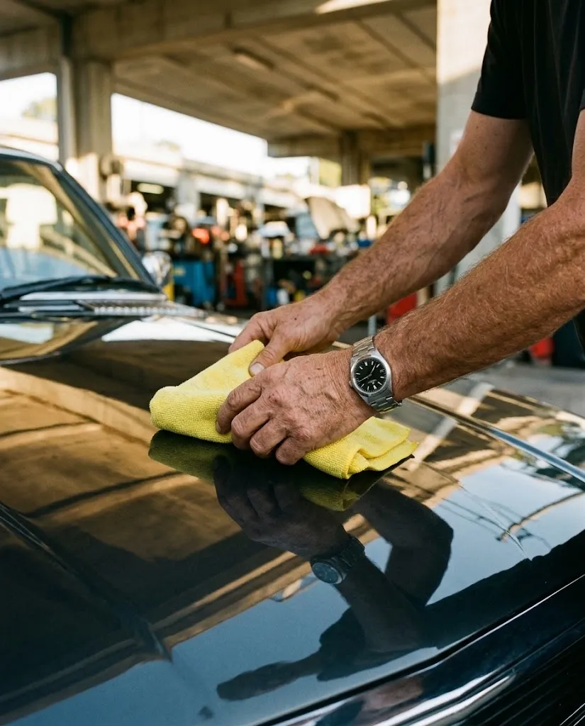 Mãos a passar um pano de microfibra sobre o capô de um carro
